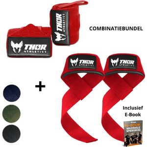 Thor Athletics Lifting Straps + Wrist Wraps 60cm (Flexibel) - Combinatie Bundel - Krachttraining Accessoires - Powerlifting Straps - Polsbrace - Rood - Inclusief E-Book