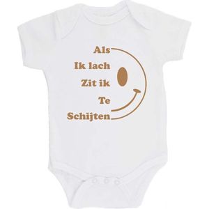 100% katoenen Romper bedrukt met grappige tekst Kado Cadeau Kraamkado Kraamcadeau ""Als ik Lach Zit ik Te Schijten"" Unisex Katoen Wit/cappuccino Maat 68/74