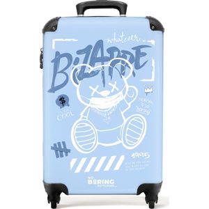 NoBoringSuitcases.com® - Handbagage koffer lichtgewicht - Reiskoffer trolley - Straatkunst van een teddybeer in het blauw-wit - Rolkoffer met wieltjes - Past binnen 55x40x20 en 55x35x25