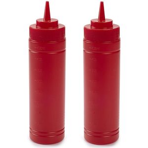 Plasticforte Doseerfles/sausfles rood - 2x - kunststof - met schenktuit - 500 ml - 25 x 6 Plasticforte - Pannenkoeken/poffertjes