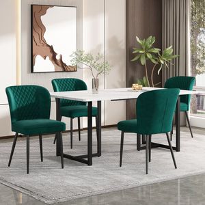 Sweiko Eettafel set, 140 x 80 x 75cm, eettafel met 4-stoelen, groen fluweel eetkamerstoelen, kussens stoel ontwerp met rugleuning, wit MDF tafelblad, L-vormige zwarte tafelpoten
