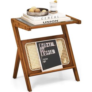 Salontafel, bamboe bijzettafel met rotan magazijnhouder, Z-vormige woonkamertafel met gehard glasplaat 50 x 36 cm (walnoot)