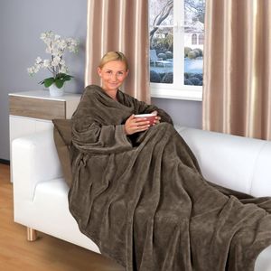 tv-deken met mouwen en zakken, 200 x 150 cm, knuffeldeken, vele kleuren, superzacht, XL, flanellen microvezelfleece (donkerbruin)