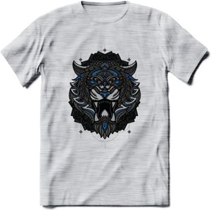 Tijger - Dieren Mandala T-Shirt | Blauw | Grappig Verjaardag Zentangle Dierenkop Cadeau Shirt | Dames - Heren - Unisex | Wildlife Tshirt Kleding Kado | - Licht Grijs - Gemaleerd - M