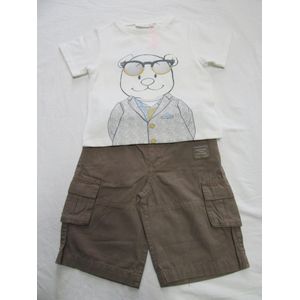 Noukie's - Kledingset - Jongen - T shirt wit Nouky beer en een bermuda beige , 2 jaar 92