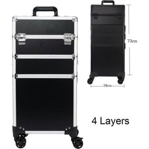 4 in 1 Beautykoffer / Trolley Zwart Kleur van Aluminium - van binnen Bekleed met een hoge kwaliteit zwart fluweel - 8 wielen - vierdelig - Kapper - Tattoo - Nagel - Visagie - Make-up - Cosmetica - Schmink - 4 Lagen