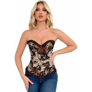 Jacquard strapless overbust korset voor dames met baleinen - vintage satijnen vetersluiting taille korset top,Bruin,M