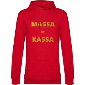 Hoodie met opdruk “Massa is kassa” Rode hoodie met goudkleurige opdruk – Goede pasvorm, fijn draag comfort