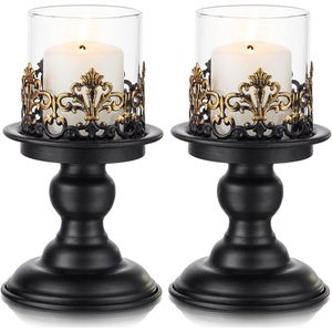 Zwarte Shabby Chic Pijler Kaarshouder Set - Rustiek en Gotisch - 3 Stuks - Glas