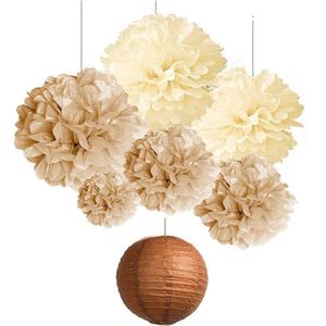 Pak van 7 pompons decoratieve beige decoratieve bruine tissuepapier pompons originele houtkleur lantaarns voor babyshower feestdecoratie, verjaardagsdecoratie, boho decoratie, bruiloft, kamerdecoratie