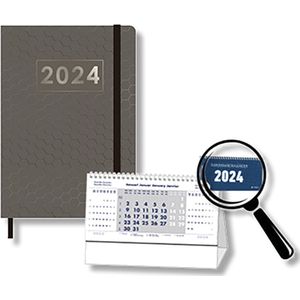 MGPcards - Agenda 2024 - A5 (21,5x15,5 cm) - Foliedruk - Week op 2 pagina's - Ruime Vakken - Antraciet Honingraat + Burokalender Blauw