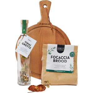 Pineut ® Italiaans Pakketje - Borrelplank met Italiaans Borrelpakket - Met Vinaigrette & Borrelbrood Focaccia - Ronde Serveerplank met Handgreep (Ø 23,4 cm) - Cadeau voor volwassenen