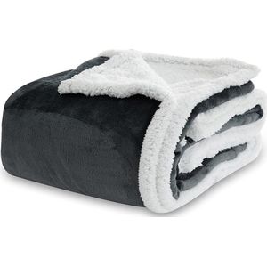 Knuffeldeken, dikke warme deken, wollig, fleecedeken, dubbelzijdig design, winterdeken, bespaart verwarmingskosten, bankdeken, geschikt voor kinderen, jongeren en volwassenen (grijs, 220 x