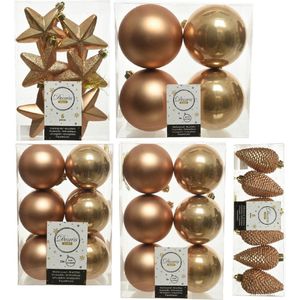 Kerstversiering kunststof kerstballen/hangers camel bruin 6-8-10 cm pakket van 68x stuks - Kerstboomversiering