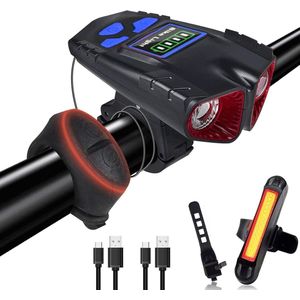 USB oplaadbare fietsverlichtingsset - voor- en achterlicht - 4 helderheidsmodi - IPX6 waterdicht - met claxon - verhoogd decibel - geschikt voor fietsen, kamperen, wandelen