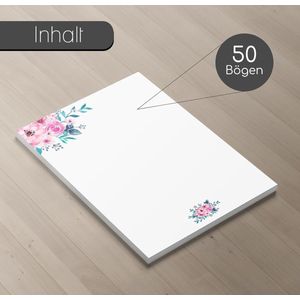 DV_427 Briefpapierset, aquarelbloemen, roos, 50 vellen, 90 g/m², DIN A4, stijlvol schrijfpapier, veelzijdig bruikbaar, groen roze, verjaardagoorkonde, menu
