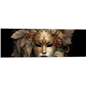 PVC Schuimplaat- Venetiaanse carnavals Masker met Gouden en Beige Details tegen Zwarte Achtergrond - 90x30 cm Foto op PVC Schuimplaat