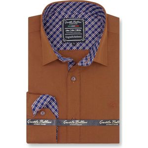 Heren Overhemd - Slim Fit - Ruiten Contrastbeleg - Bruin - Maat XL