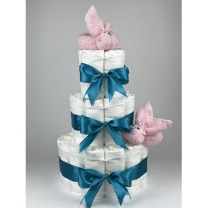 Chouette-Chouette | Luiertaart Meisje | Kraamcadeau | Geboorte Meisje | Babyshower | Konijnen Roze - Petrol