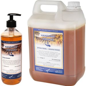 Handzeep Orange 500 ml met gratis pompje - hervulbaar + Jerrycan 5 liter navulling