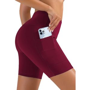 SOFTFLOW Korte Sport Broek - Met Zakken - Half Lang - Super Soft - Short Pocket Legging - Short - Dames - Sportbroek - Sportlegging - Korte Broek - met zakken - Comfortabel - Donkerrood - Rood - Maat M