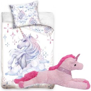 Dekbedovertrek Unicorn - 100% katoen - afmeting 140x200 cm - inclusief pluche knuffel