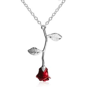 Bixorp Love - Zilverkleurige ketting met Rode Roos - Metalen Rozen ketting - Cadeau voor Dames & Meisjes