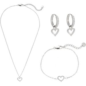 Dottilove - Shining Heart Juwelen set - Wit - Oorbellen, Armband, Ketting - Zilver - Damessieraden