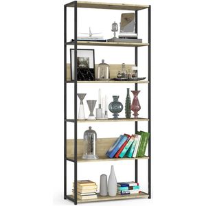 Open Boekenkast, Ladderkast, Loft Design / Metalen Vakkenkast met 6 Planken / Opbergplank / Boekenrek Opslagrek / Zwart - Artisan Eik / 80 x 192 x 32 cm