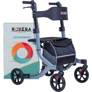 Rovera Mobility® Rollator Easy PREMIUM – Lichtgewicht en Opvouwbaar – Zachte Brede Rugsteun & Comfortabele Zitting – Incl. Luxe Rollatortas- voor Binnen & Buiten – Grijs