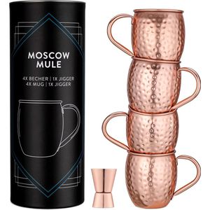 Navaris Moscow Mule bekers - Set van 4 - Cocktailbekers - Mok voor Moscow Mule en cocktails - Roestvrij staal - 4 koperen mokken - Inclusief jigger