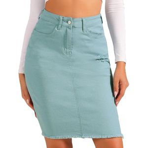 Basic midi-jeansrok met hoge taille, gescheurde zoom en wassing voor dames - Poeder Blauw - XS - Trendy en Comfortabel