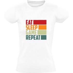 EAT SLEEP GAME REPEAT Dames T-shirt | hobby | eten | slapen | videogame | spelcomputer | levensstijl | grappig | Wit