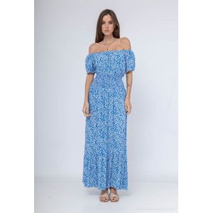 Lange dames jurk Wilma gebloemd motief blauw wit maat M/L strandjurk