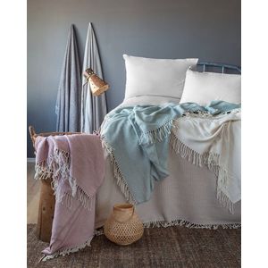 Jacquardplaid van katoen-acryl, beige, 200x220 cm met franje