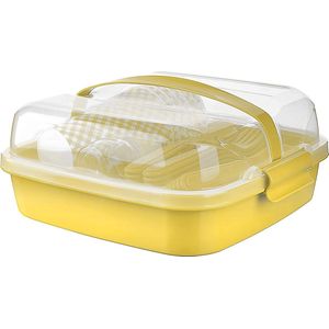 6 personen, BPA-vrij, gezond plastic, plastic bestek, vork, mes, lepel, bord, beker, zoutvaatje, picknickmand, kleur: geel