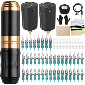 White-Label® Hoge Kwaliteit Tattoo Machine met Accessoires - Tattoo Machines Draadloos - Tattoo Set Inclusief Inkt en Naalden - Tattoo Kit voor Professionals en Beginners - Zwart met Goud
