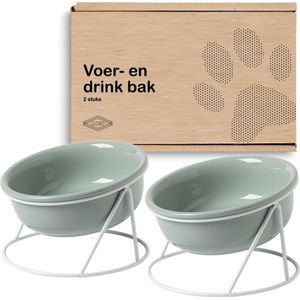 GIZMO 2x Voerbak Kat/Hond (Groot) - 800ML - Lichtgroen - Keramische Drink- & Voerbakken met Standaard - 17.5 cm - 2 stuks