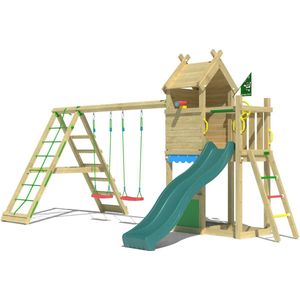 Jungle Gym speeltoestel van grenen hout - Jungle Resort met donkergroene glijbaan - Tuin speeltoestel voor buiten met zandbak, speelhuisje en schommels