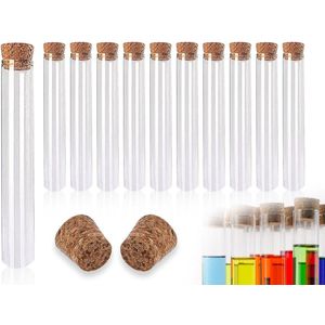 Set van 10 kleine transparante kunststof reageerbuisjes van 15 x 100 mm met kurk, ideaal voor bloemen, badzout en laboratoriumgebruik, inhoud 10 ml per buisje