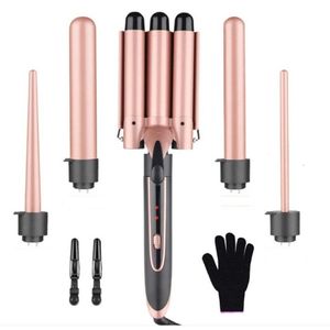 Novzep 5‑in‑1 Curlingset – 3‑Barrel Dansen & Strandgolven – Keramische Warmelementen – 2 Temperatuurstanden – Inclusief Handschoen & Clips