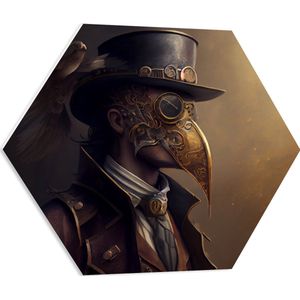 PVC Schuimplaat Hexagon - Zijaanzicht van Man met Zwarte Hoed en Goud Masker - 60x52.2 cm Foto op Hexagon (Met Ophangsysteem)