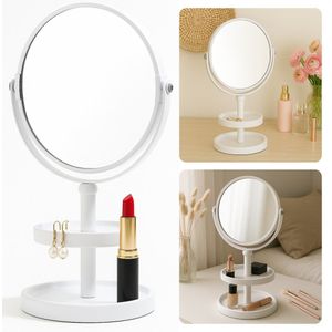 Cheqo® Make-Up Spiegel met Oganizer - Scheer Spiegel - Vergroot Spiegel - Makeup Spiegel met Houder - Wit - Dubbelzijdig - Metaal