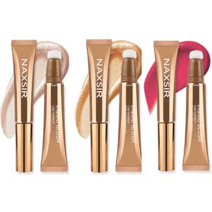 NAXSIR Vloeibare Blusher 3-in-1 Set (Contour + Blush + Highlighter, 3 Stuks) met Luchtspong Applicator - Gezichtsverhelderend, Zacht & Ademend