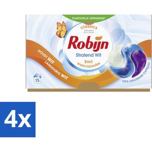 4 x Robijn - 3-in-1 Stralend Wit - Wascapsules - 15 Wasbeurten - Witte Was - Wascapsules - Wasmiddel - Vlekken Verwijderen - Frisse Geur