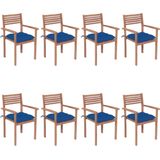 The Living Store Stapelbare Houten Tuinstoelen - Teakhout - Set van 8 met Kussens - Blauw - 56x51x90 cm