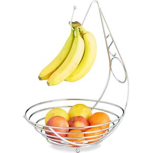 Relaxdays fruitschaal met bananenhaak chroom - metalen fruitmand met banaanhouder - modern