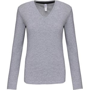 T-shirt Dames L Kariban V-hals Lange mouw Oxford Grey 90% Katoen, 10% Viscose