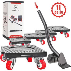 MAEUX® Meubelroller 11-delig - 5 Rollers en 1 Hefboom met extensie - Meubeltransporter - Meubelhondje - Meubelverplaatser - Meubelglijders - Meubelroller - Meubellifter - Verplaatshulp - Inclusief 5 antislipmatten & handleiding