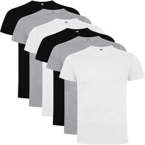 6 Pack Roly Dogo Premium Heren T-Shirt 100% katoen Ronde hals Zwart, Lichtgrijs gemeleerd, Wit Maat 3XL